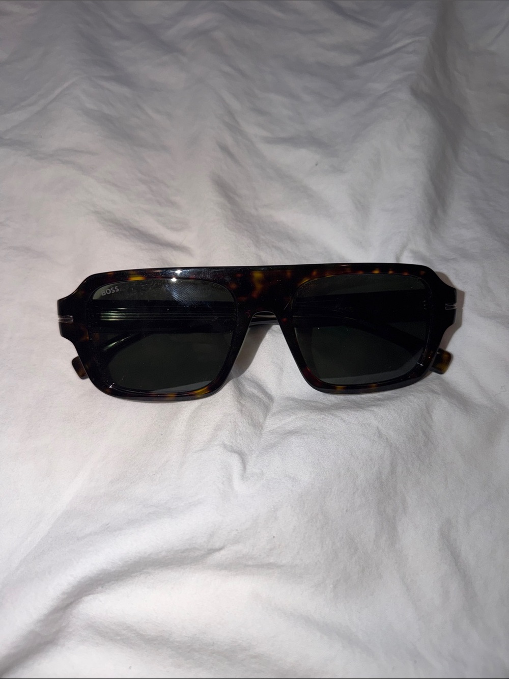 Hugo Boss Tortoiseshell Rectangular Sunglasses with Dark Green Lenses